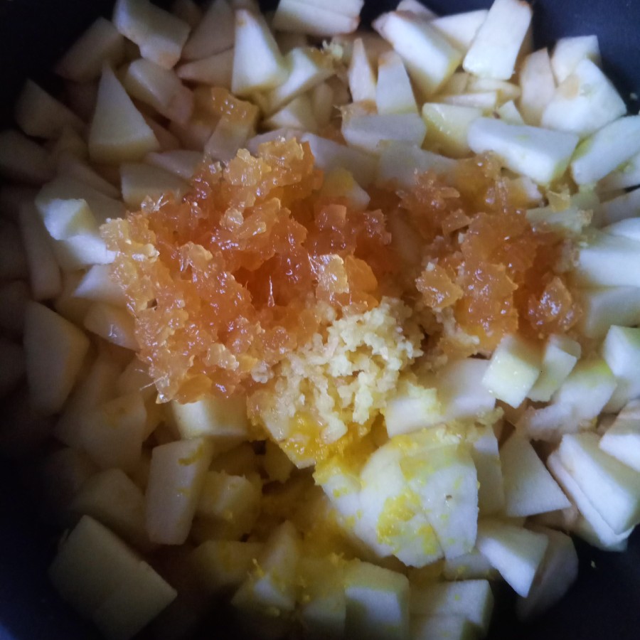 November 2025 - apples, grated ginger, chopped stem ginger and lemon zest, ready for cooking into 'apple ginger'.